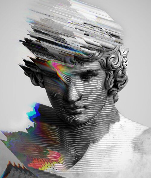 Classical marble bust of a man with digital glitch streaks and rainbow color distortions