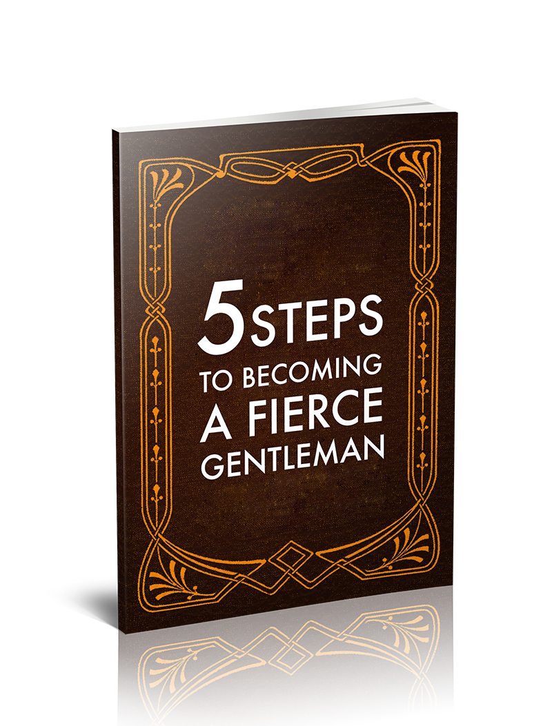3D book mockup titled 5 Steps to Becoming a Fierce Gentleman with gold filigree on dark cover