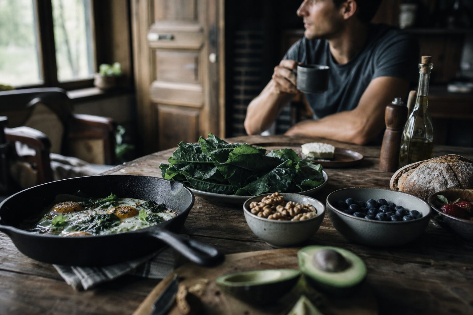 Rustic wooden table with avocado, eggs in a cast-iron skillet, berries, nuts, greens, and olive oil in warm kitchen light