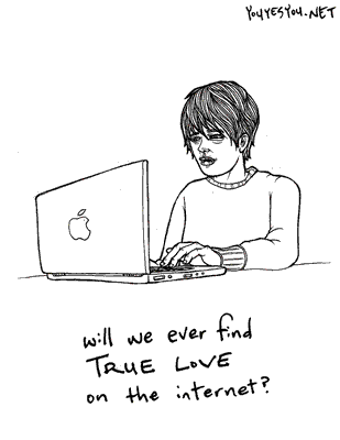 Line drawing of a tired person at a laptop asking if we will ever find true love on the internet
