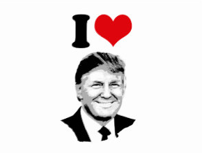 Stencil-style black-and-white Trump portrait with a black I and red heart above his head