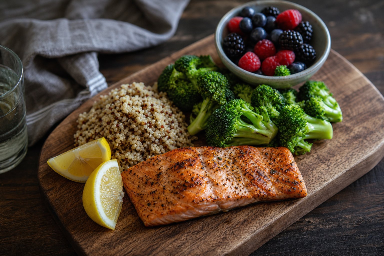 Grilled salmon with broccoli, quinoa, lemon, and berries arranged on a wooden board in soft kitchen light