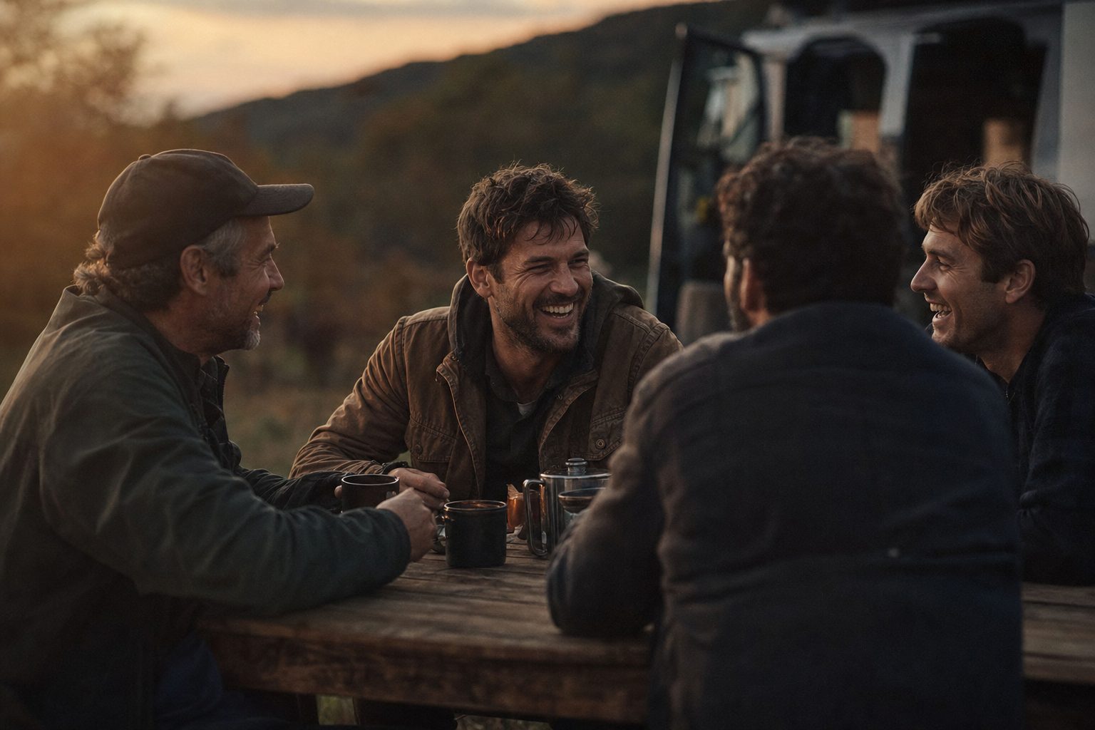 Group of men gathered outdoors around a wooden table at golden hour, talking and laughing together