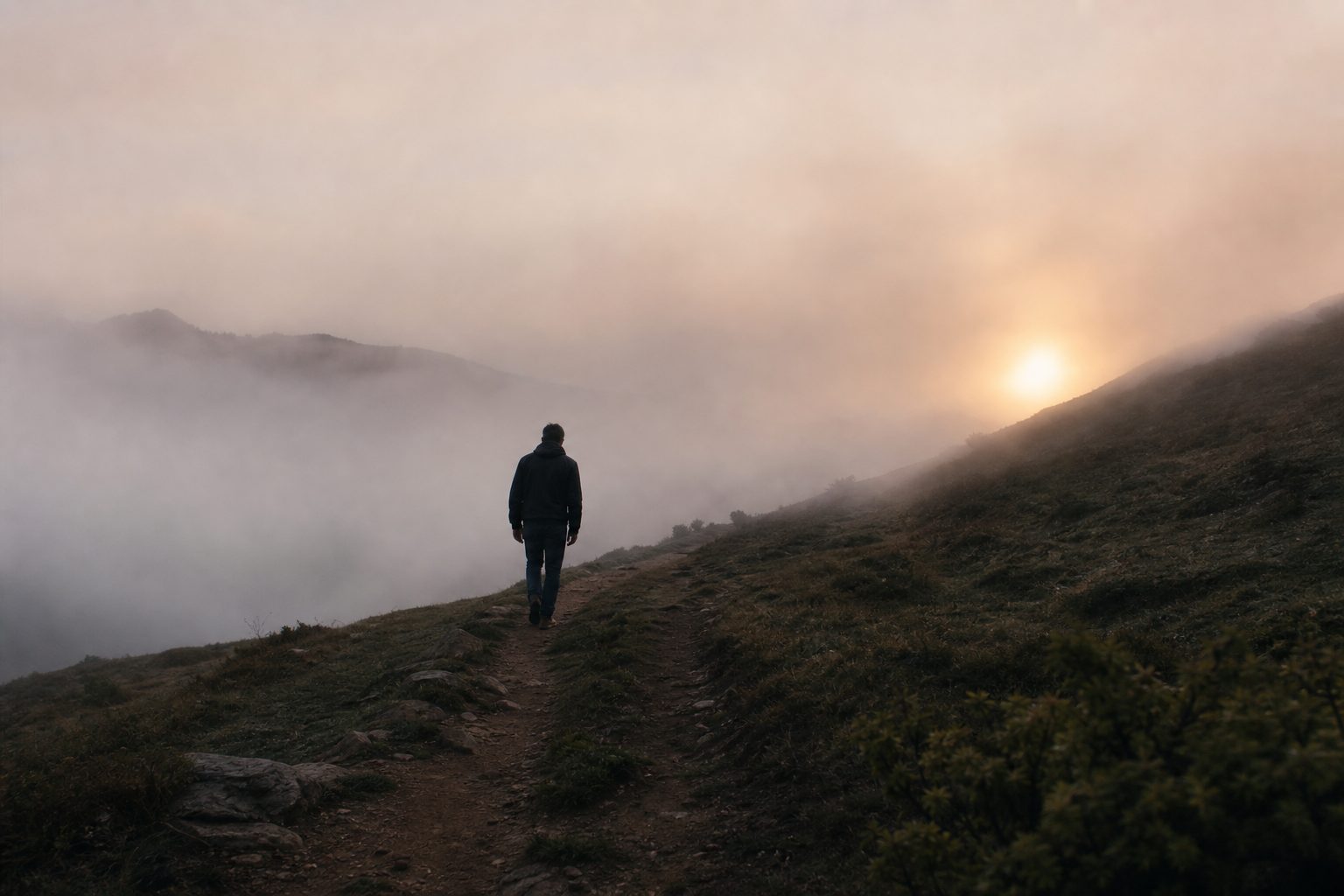 Lone figure walking a misty dirt path ascending a hillside toward soft dawn light