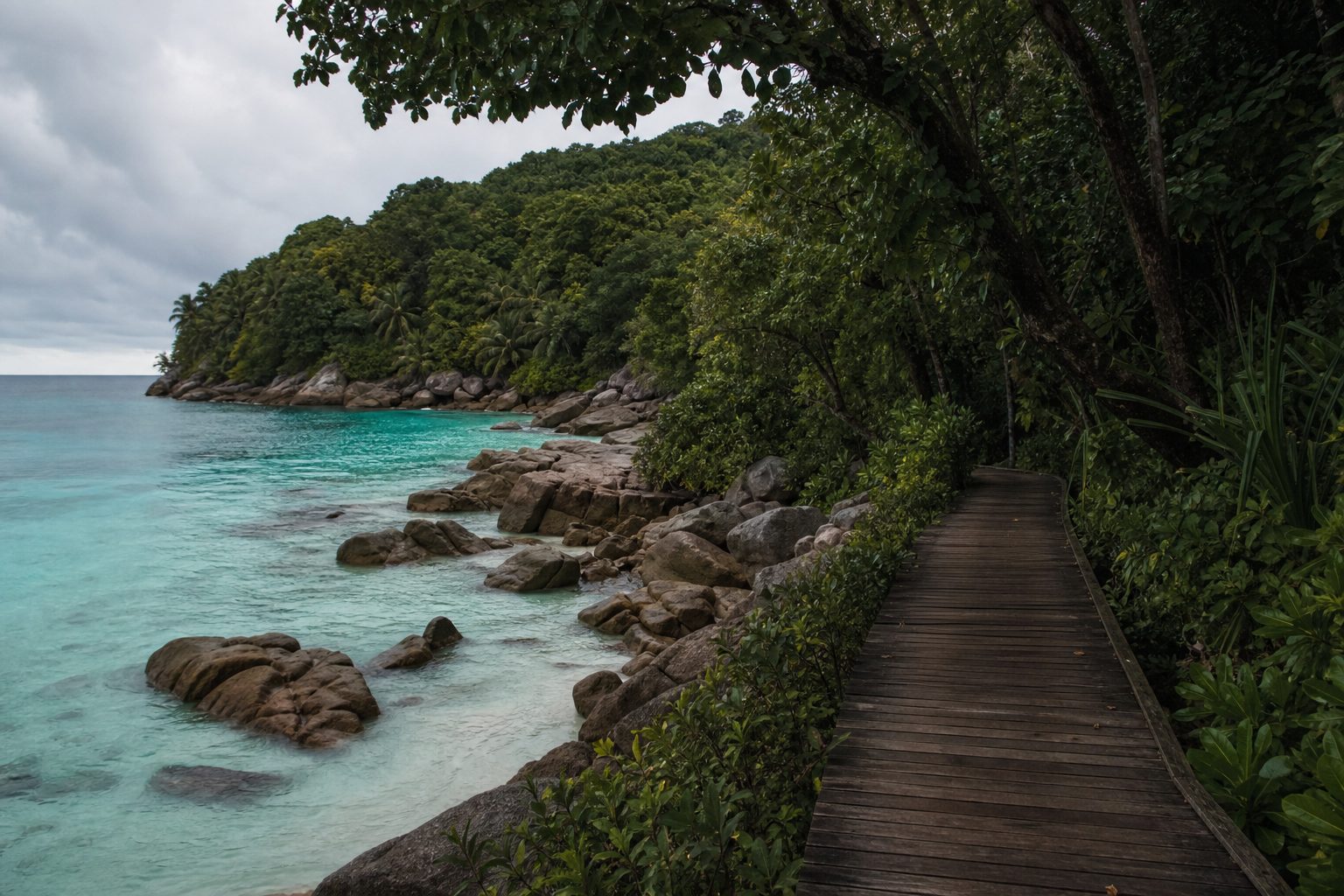 Remote tropical island shoreline with turquoise water, granite rocks, and dense green vegetation