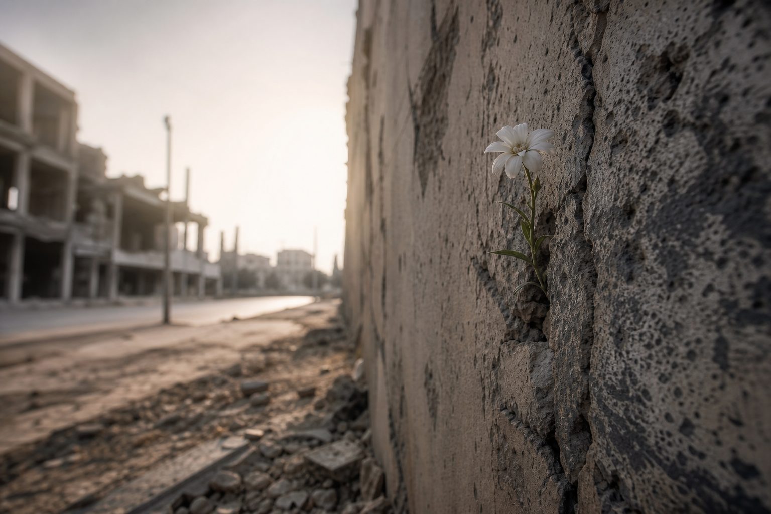 Weathered concrete wall with a single white flower growing from a crack in soft morning light