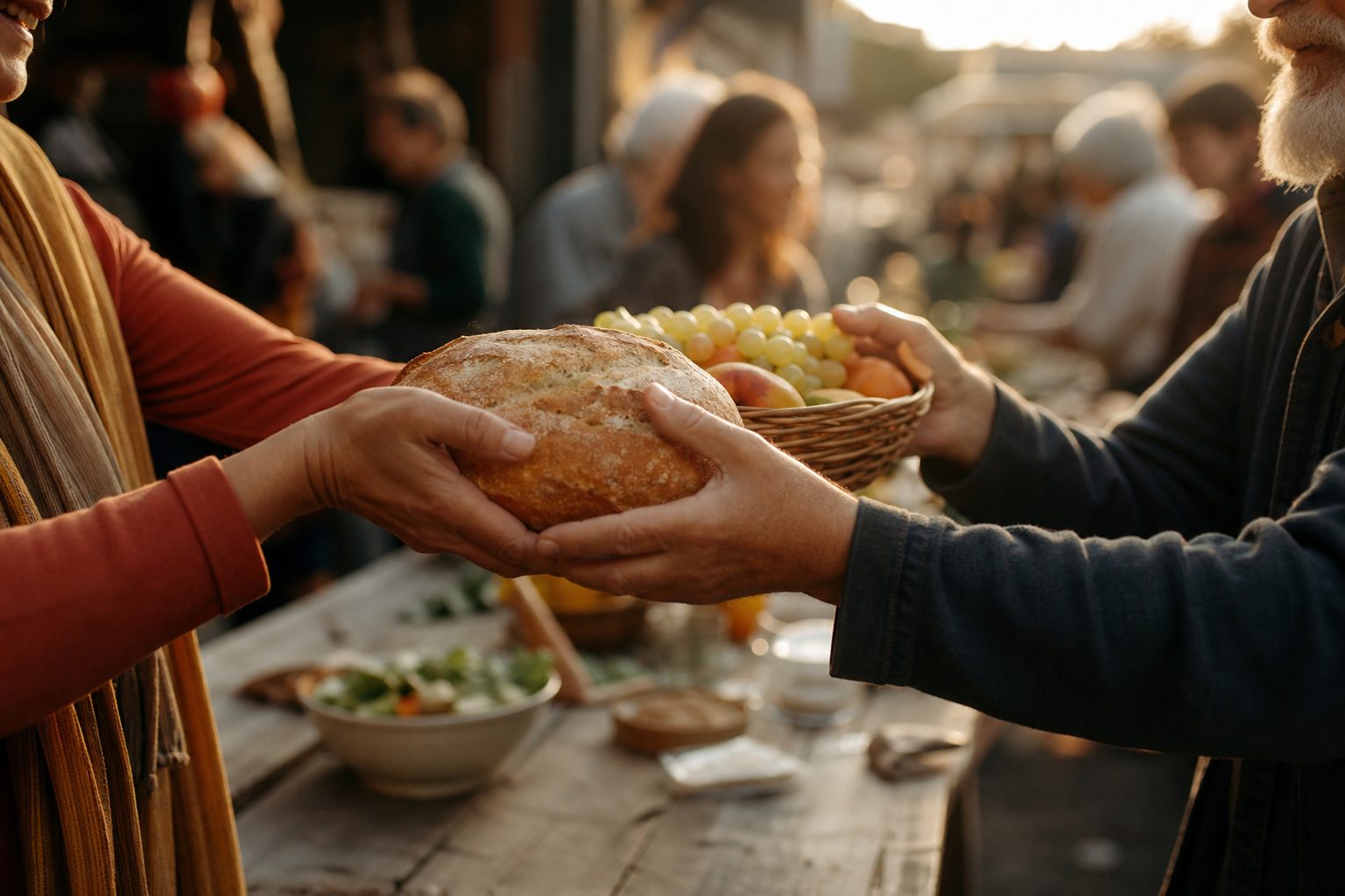 Hands exchanging fresh bread and a basket of fruit at an outdoor community table in warm light
