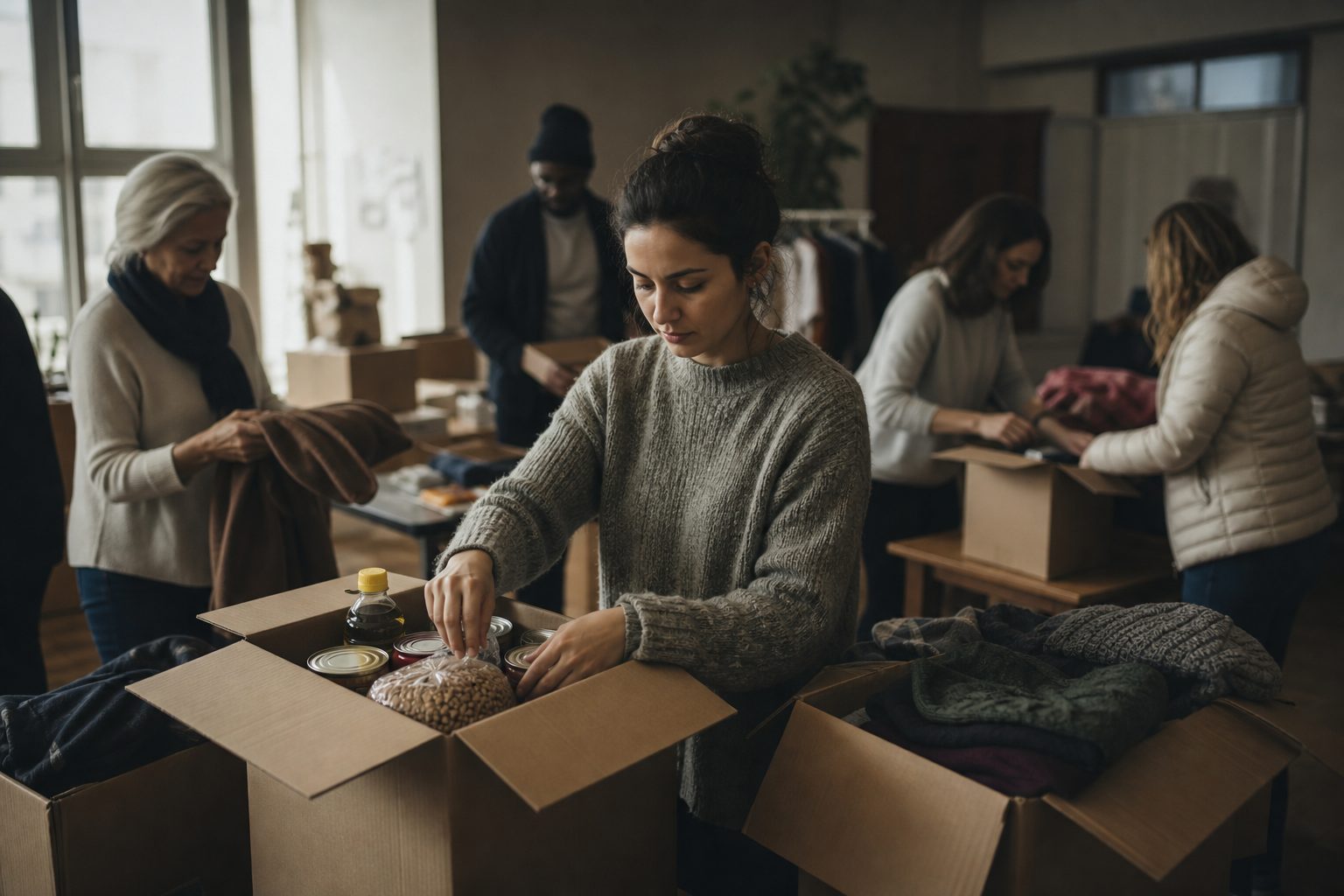 Volunteers packing food and clothing into cardboard boxes in a community hall