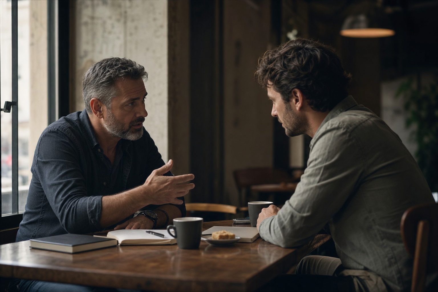 Two men seated across a café table in conversation with notebooks and coffee cups
