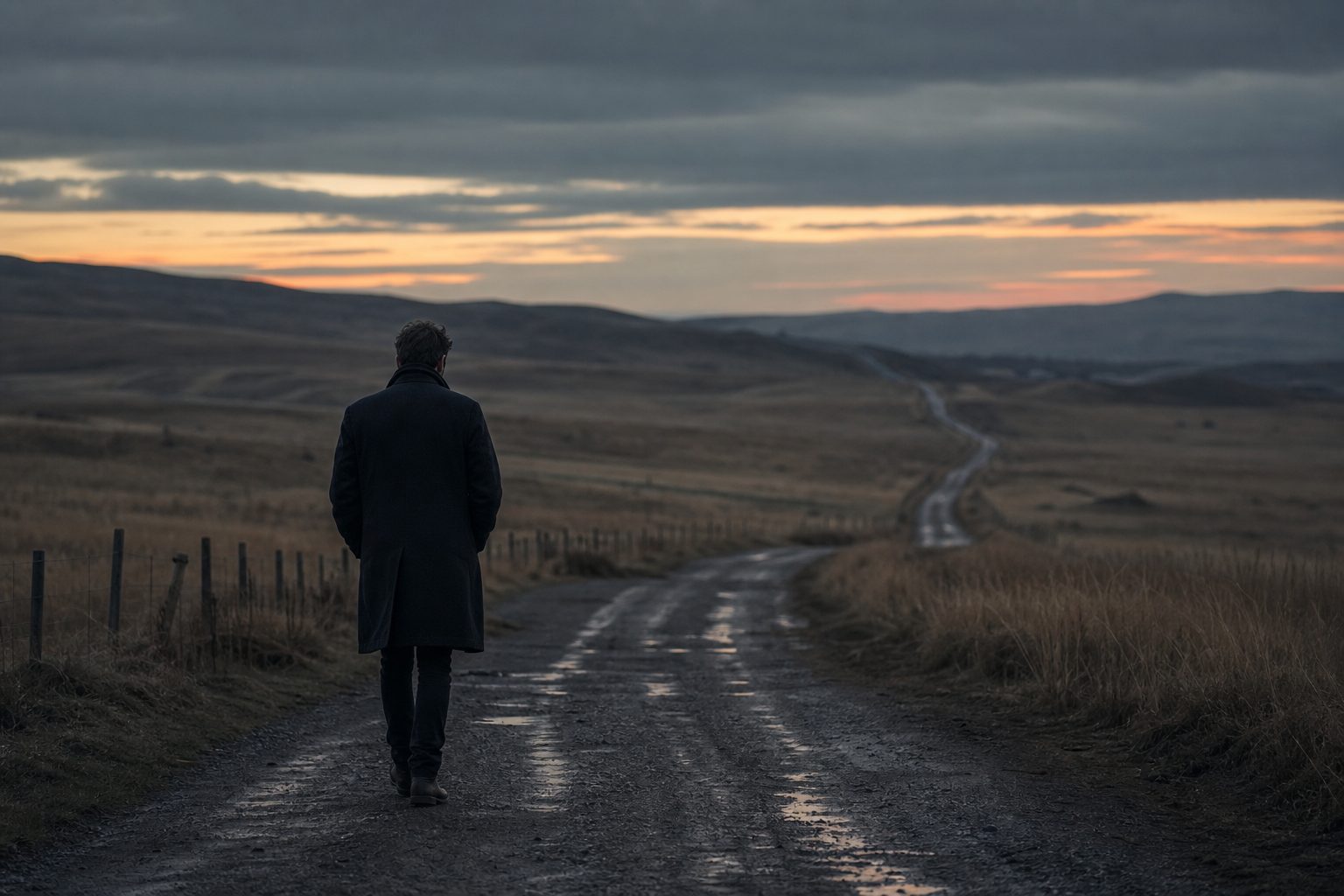 Solitary man walking a long rural road at twilight under a muted sky