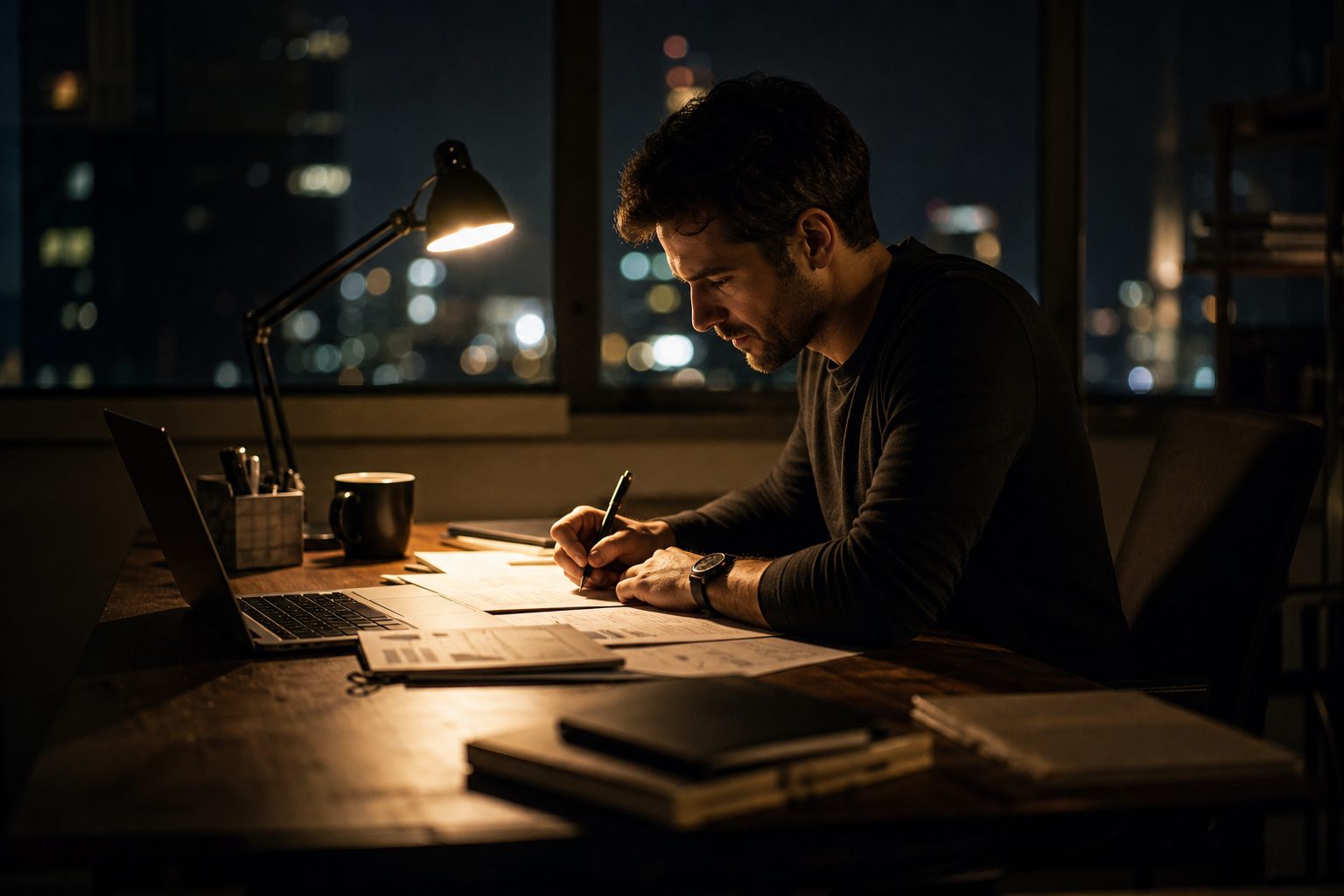 Man working late at a wooden desk with laptop and papers under a warm lamp by a night window
