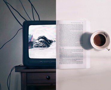 Split view of a vintage CRT TV with tangled cords next to an open book and coffee cup