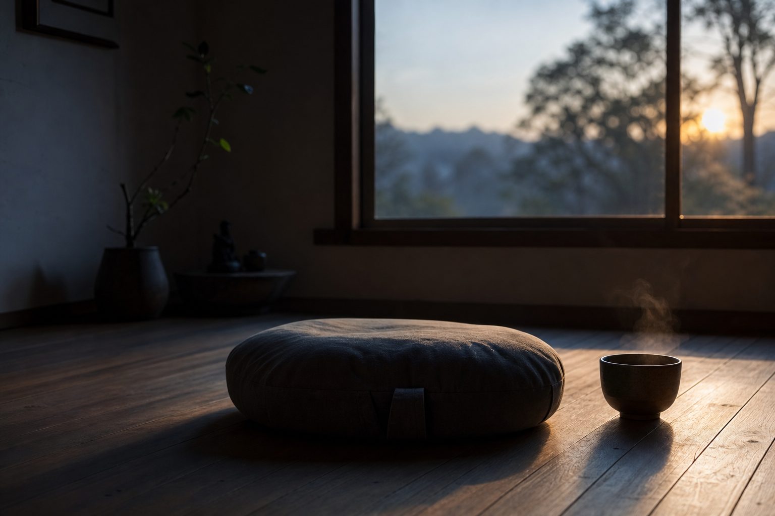 Simple meditation cushion by a window in soft dawn light with a cup of tea nearby