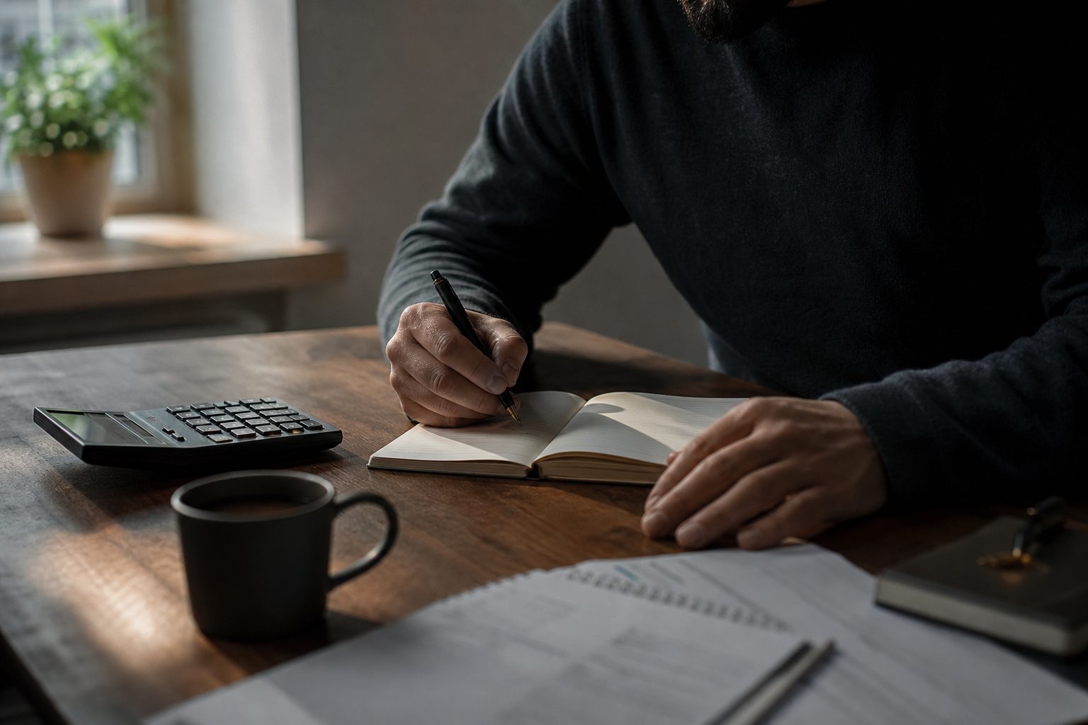 Hands writing in a budget notebook beside a calculator and coffee on a wooden desk