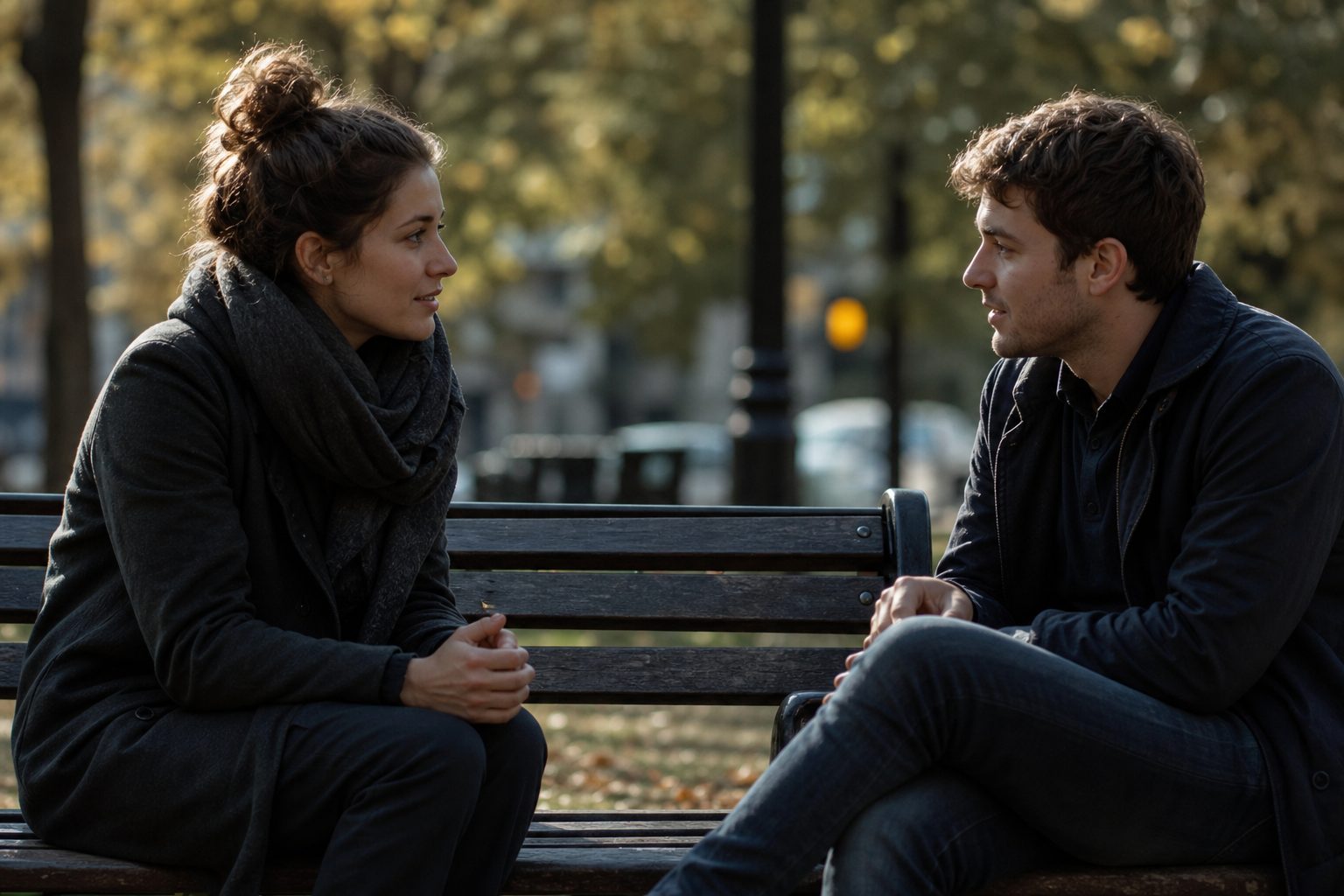 Two people sitting face to face on a park bench in sincere conversation in soft afternoon light