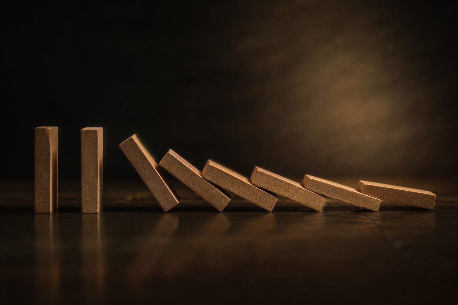 Wooden dominoes falling in a short line on a dark table under a single warm spotlight