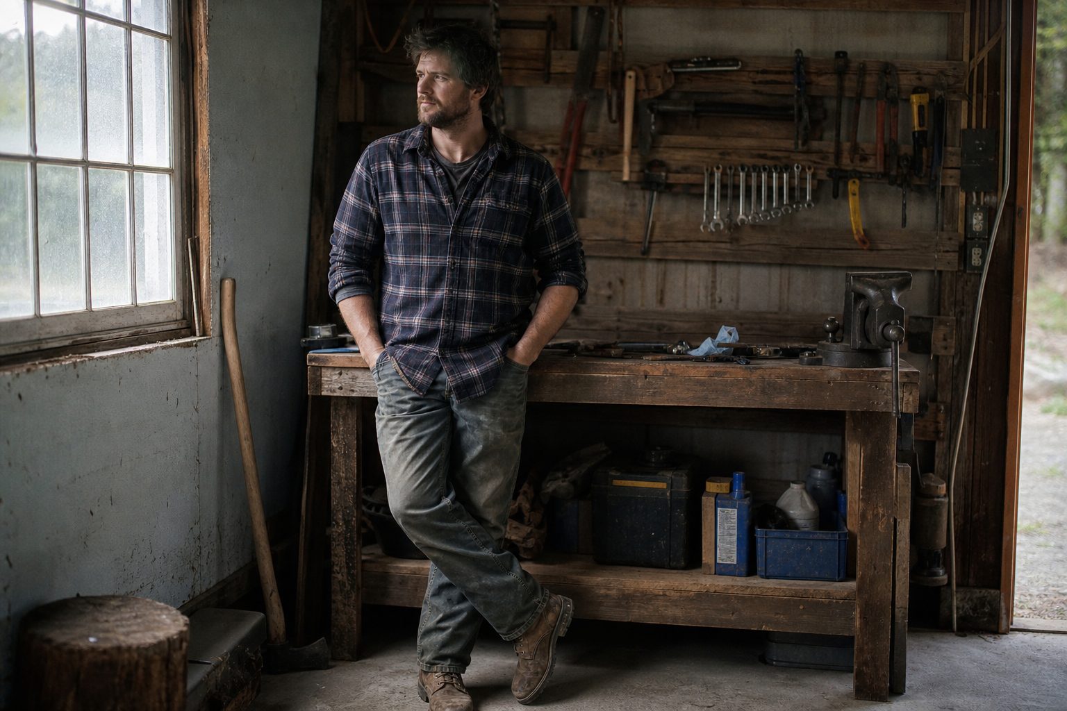 Man in work boots and flannel standing in a simple garage workshop with tools on a wooden bench