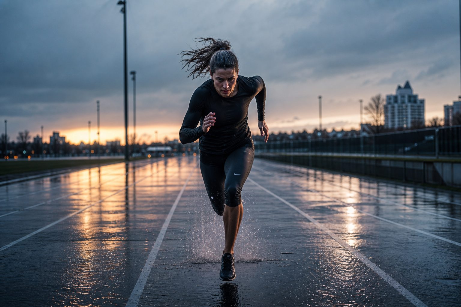 Athlete sprinting alone on a wet outdoor track at rainy dawn