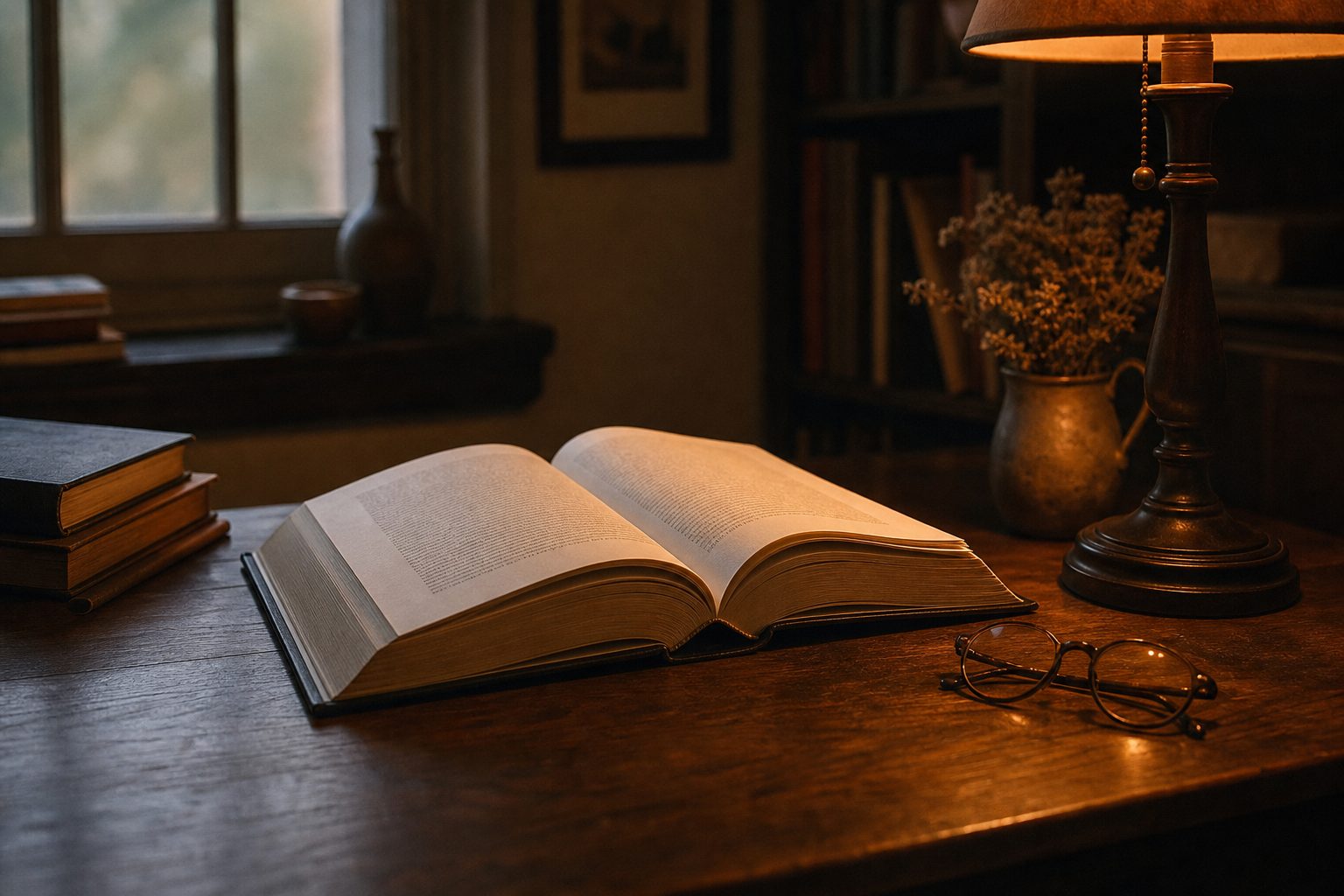 Open hardcover book on a wooden table beside a warm lamp and reading glasses