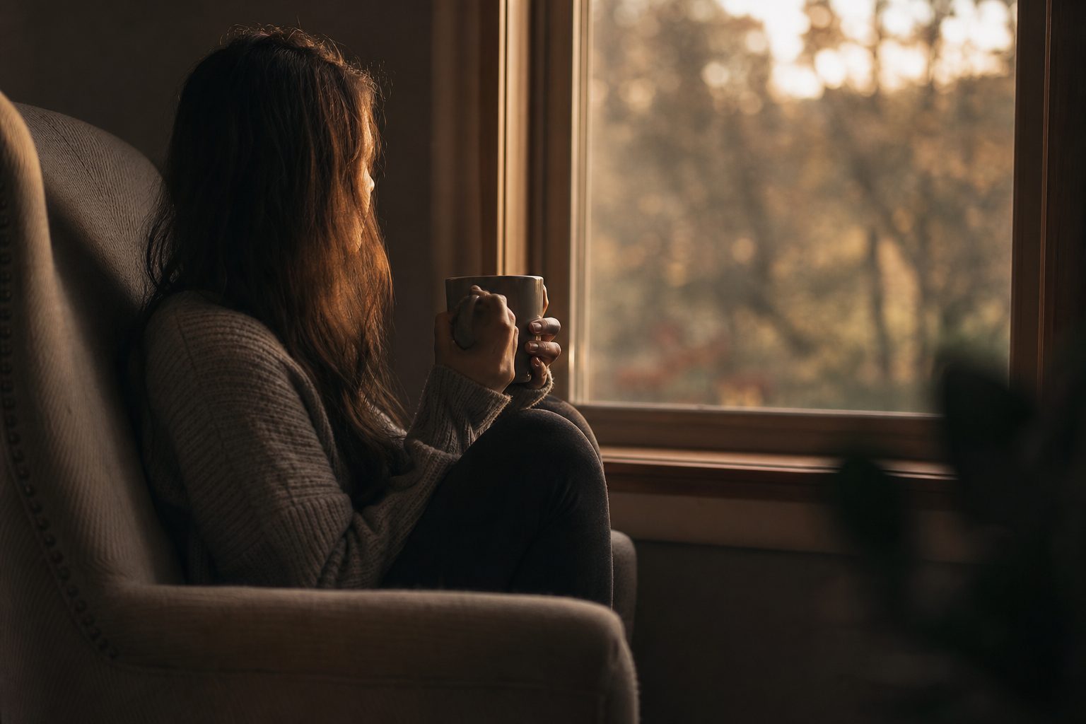 Person sitting by a sunlit window holding a mug in quiet contemplative warmth