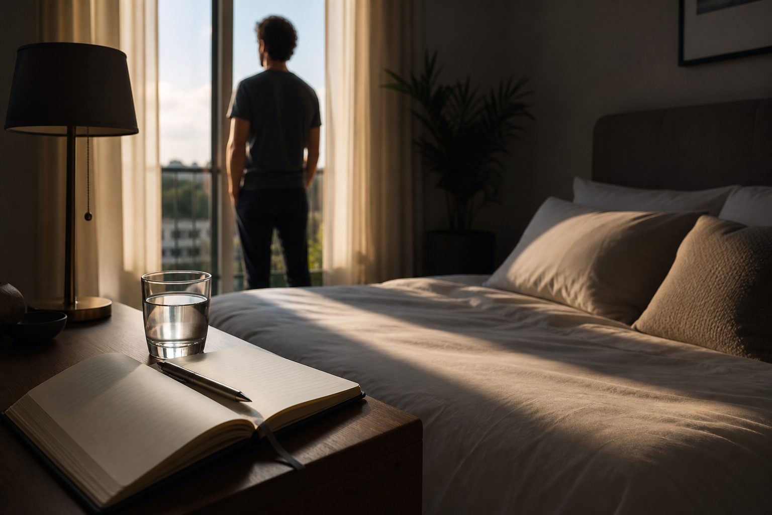 Neatly made bed and open journal with pen on a nightstand in soft early morning light