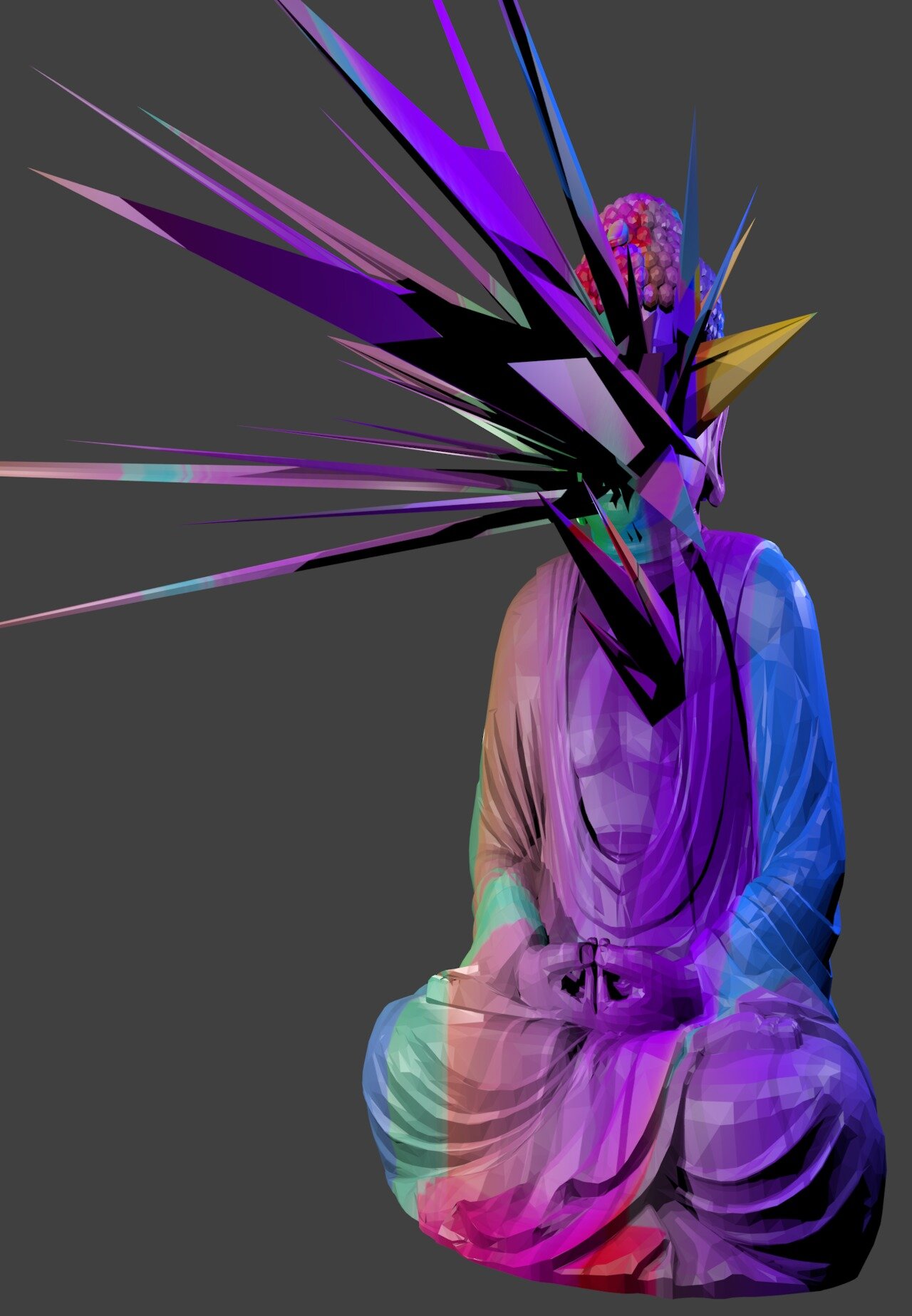 Low-poly meditating Buddha whose face shatters into long colorful geometric shards