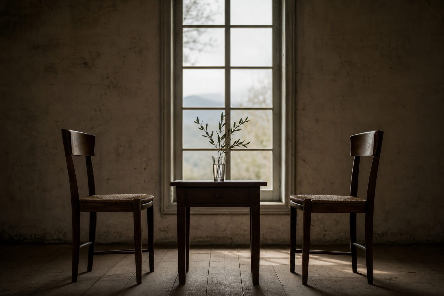 Two empty chairs facing each other across a small table with an olive branch in a glass