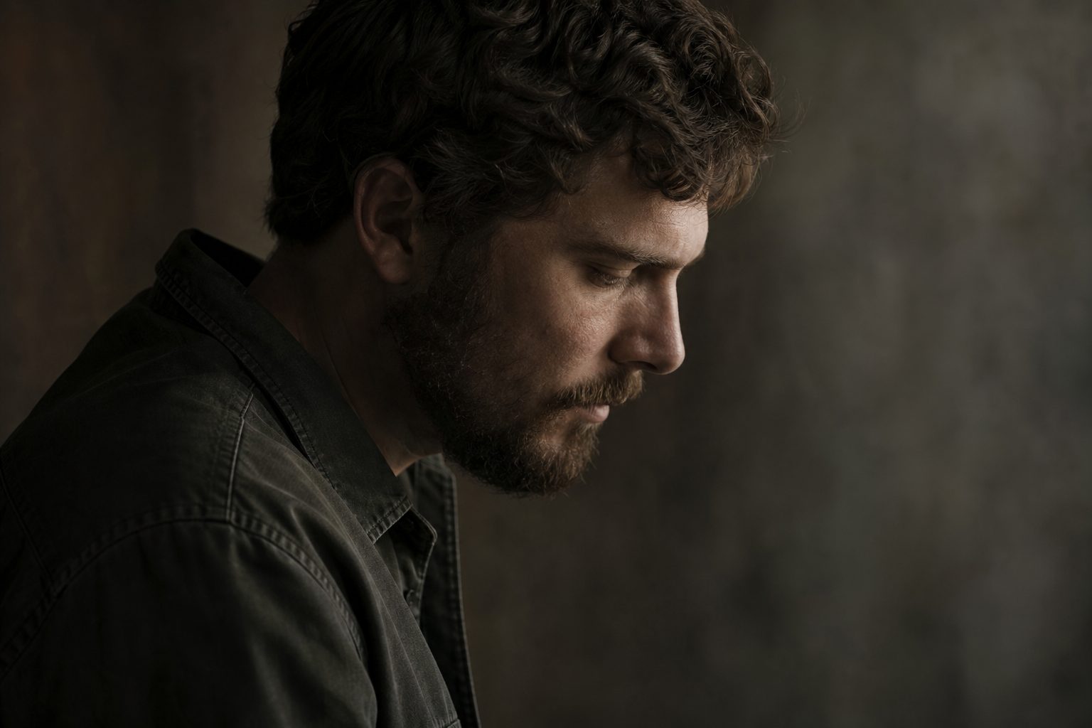 Quiet profile of a man in soft shadow looking downward in thoughtful restraint