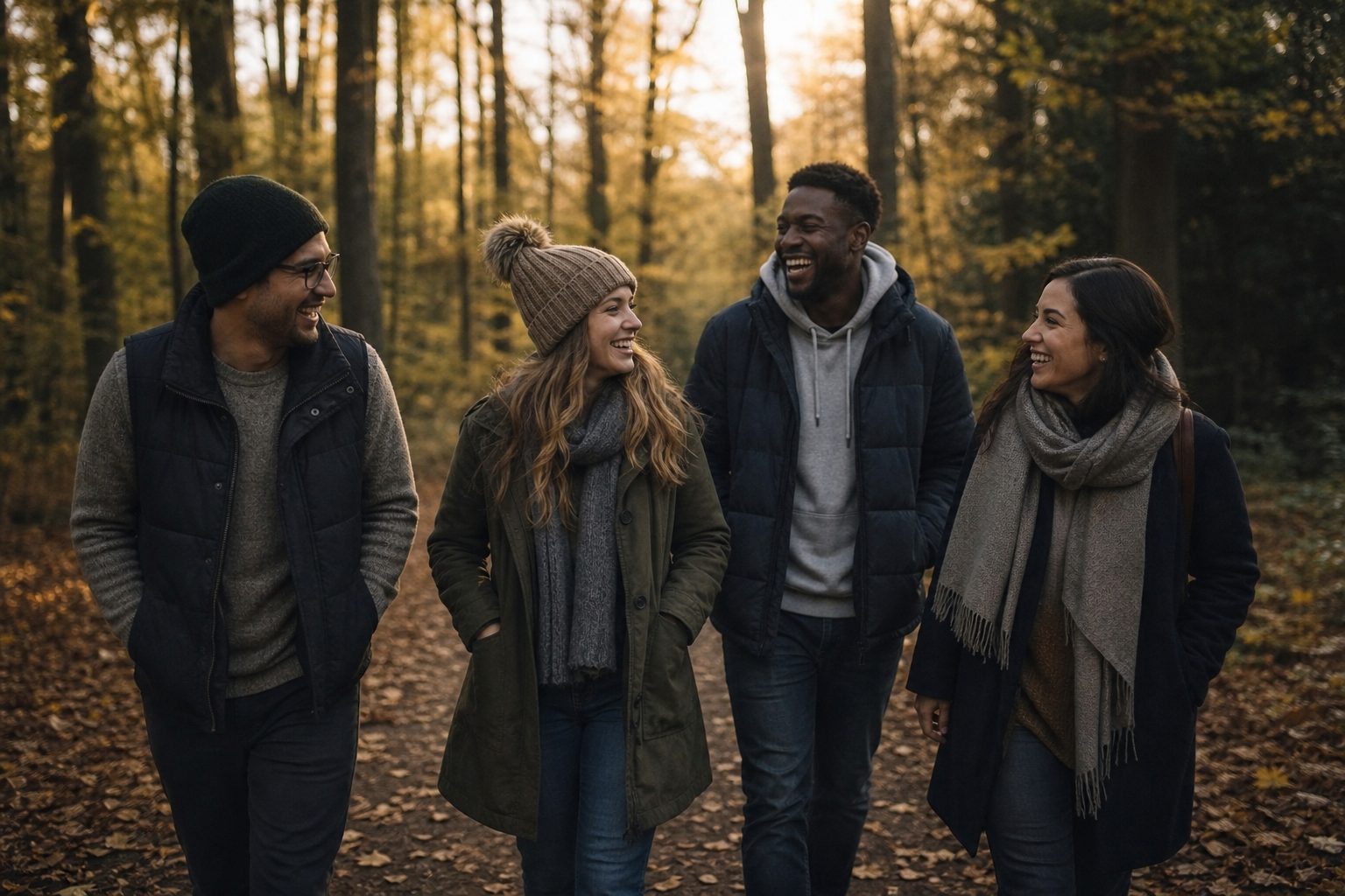 Four friends walking together along a tree-lined path in soft autumn light