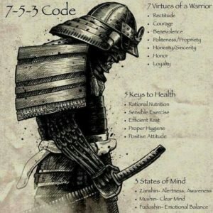 Ink sketch of a bowed samurai beside lists of the 7-5-3 Code virtues, health keys, and mind states