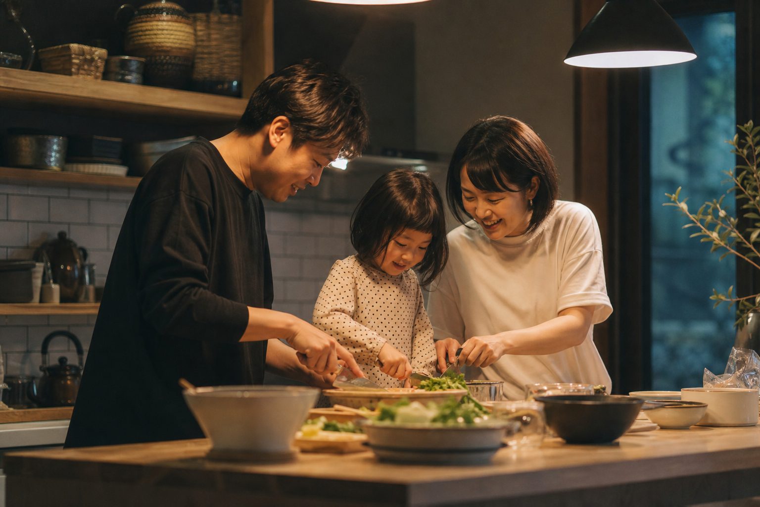 Parents and a child cooking together in a warm cozy kitchen at home