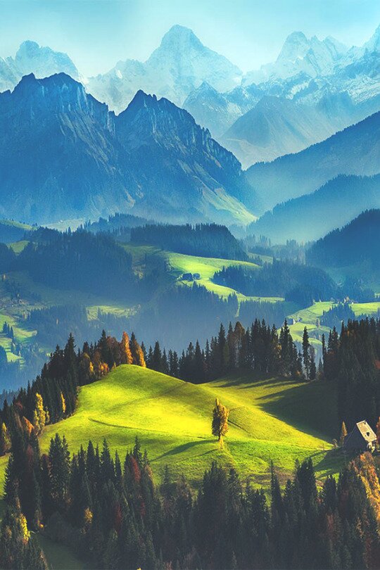 Sunlit alpine meadow with a lone autumn tree and cabin before layered misty mountain peaks