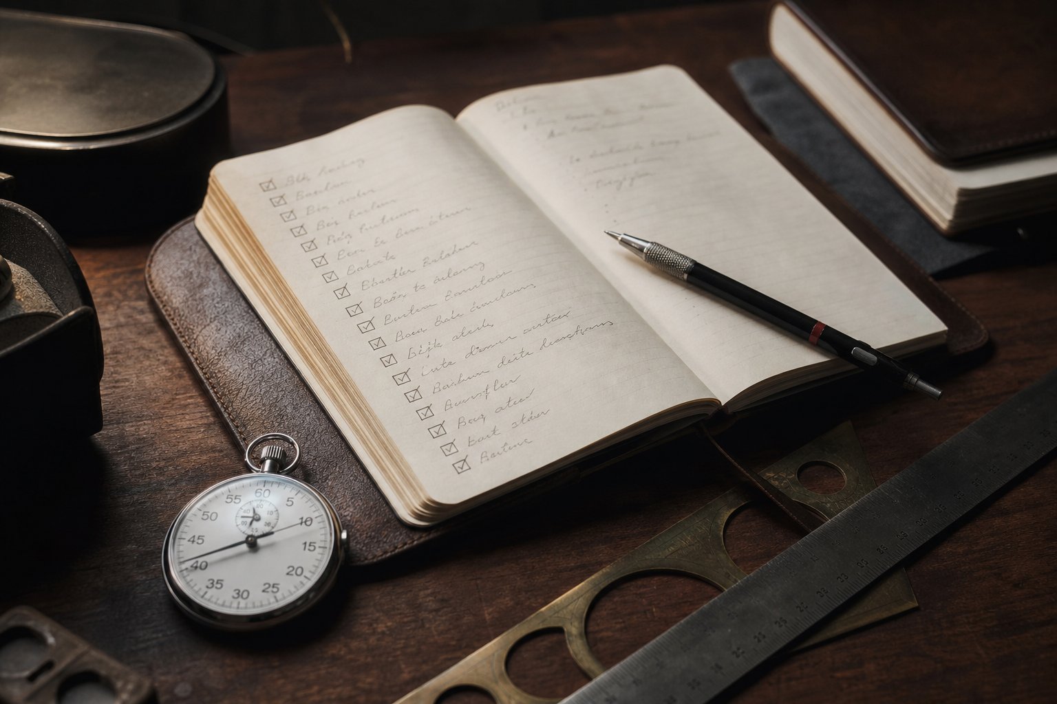 Open leather notebook with checklist marks, pencil, and stopwatch on a dark wooden desk under warm lamp light