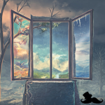 Three-pane window in a barren field showing autumn, summer, and winter scenes through each pane