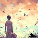 Boy in tall grass watching birds fly into a warm orange sunset as feathers drift down