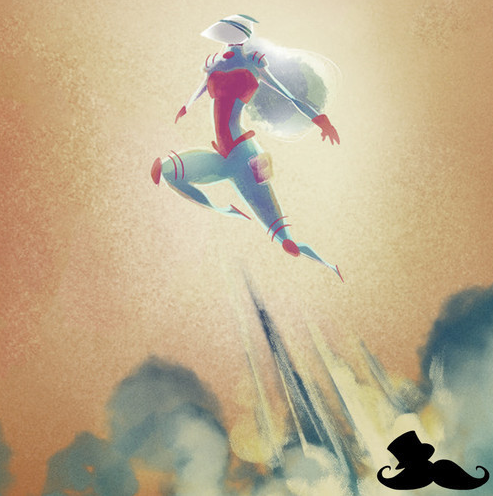 Helmeted woman in a cyan and magenta suit leaping upward from swirling smoke and light streaks