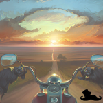 First-person motorcycle view down a straight road toward a glowing sunset over open plains