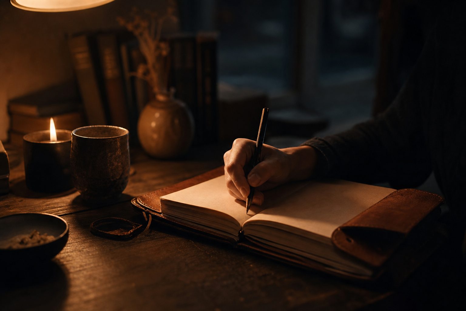 Hand writing in an open leather notebook by soft lamp light