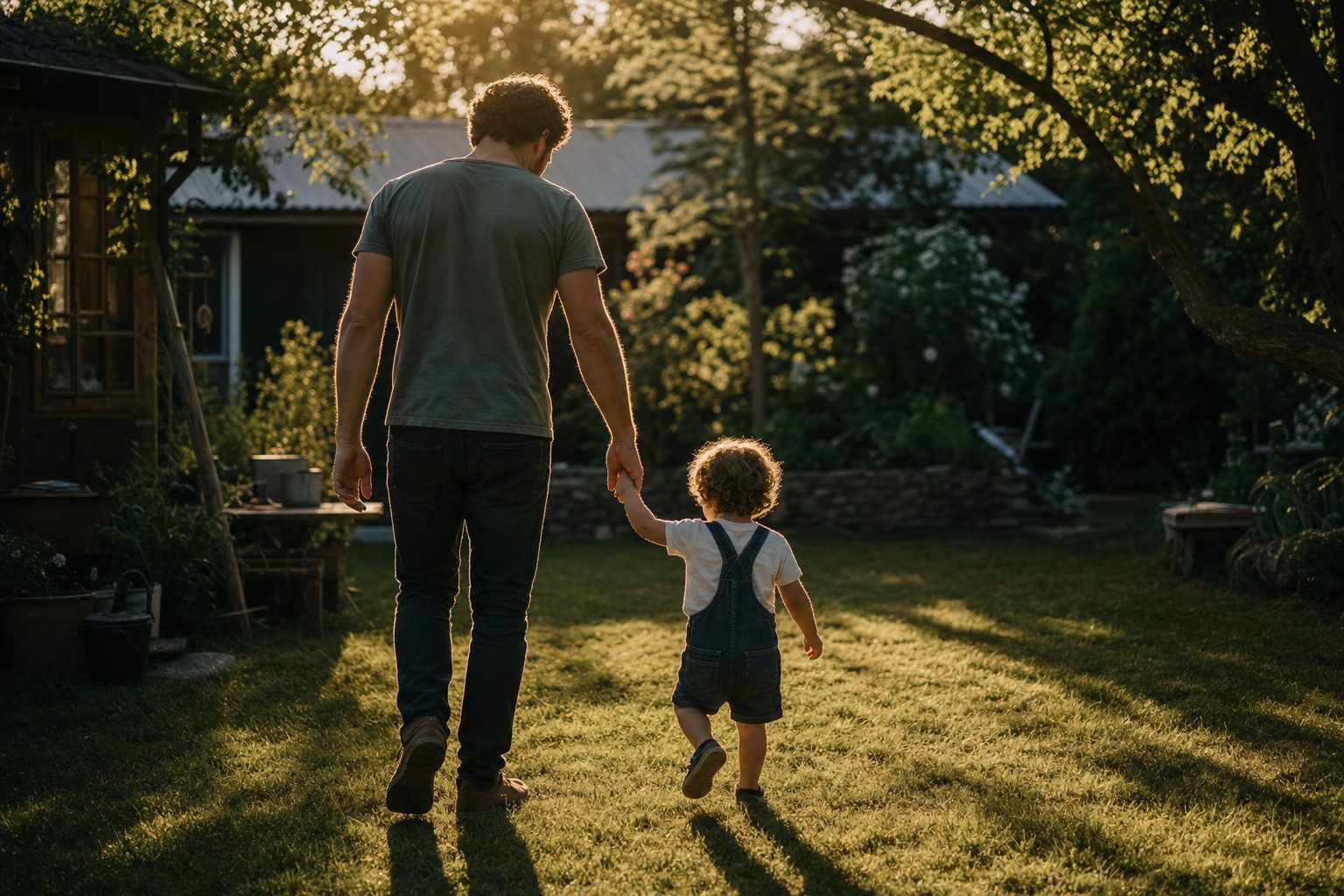 Father holding a young child's hand while walking through a sunlit garden