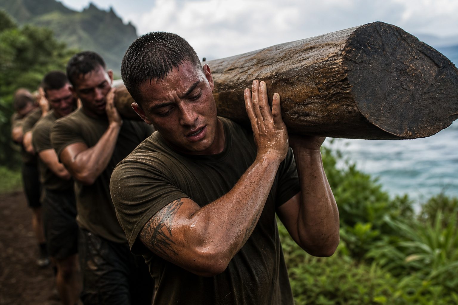 Men carrying a heavy wooden log on a jungle trail near a Hawaiian coastline