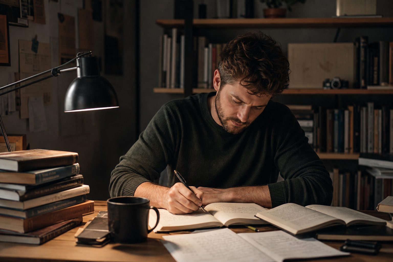 Man studying alone at a desk with books and handwritten notes under a desk lamp