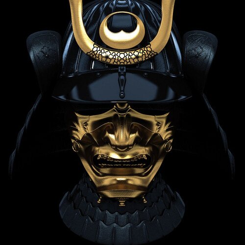 Black samurai helmet with a large golden crest and fierce scowling golden face mask